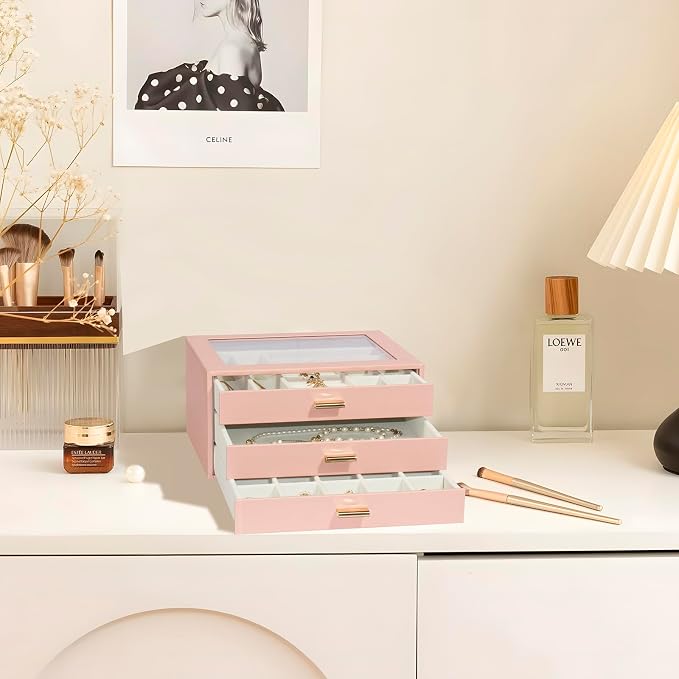 Jewelry Box Organizer with 3 Drawers,Glass Lid Jewelry Boxes for Women,Jewelry Storage for Rings,Necklaces,Earrings,Bracelets,Interesting Gift,Pink - Image 3