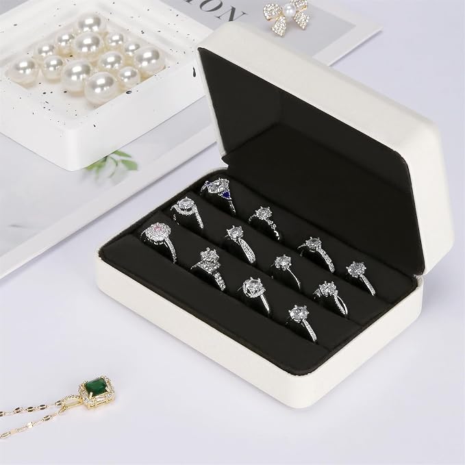 KUKUVR Velet Ring Storage Box for Multiple Rings, Travel Jewelry Ring Stud Earrings Holder Case, 3 Slot Portable Ring Display Organizer Case (White) - Image 5