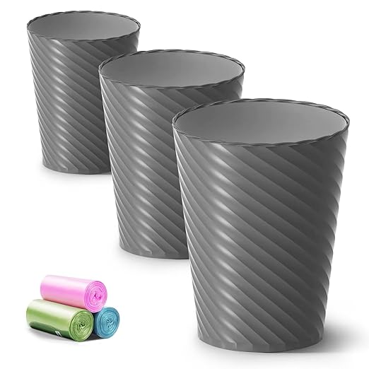 Lysam Bathroom Trash Can, 3 Pack 1.8 Gallons Small Trash Can with Trash Bags, Bathroom Garbage Can, Plastic Trash Bin, Round Waste Basket for Bath，Bedroom, Office, Kitchen, Room, Compact Space (Grey) by Lysam