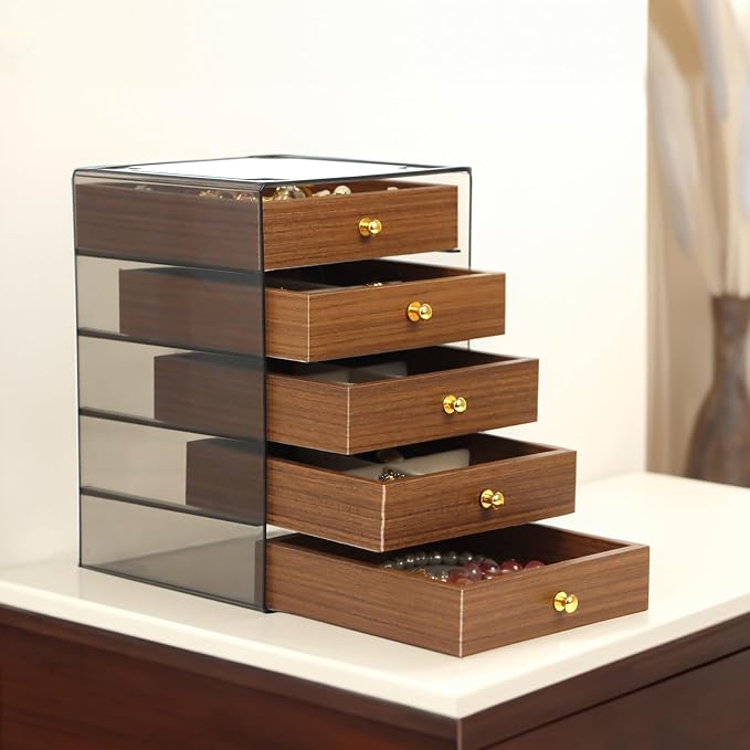 Fordonral Earring Jewelry Organizer Box with 5 Drawers, Plastic Jewelry Storage with Asjustable Velvet Trays, Multiple Display Holder for Earrings Ring Bracelet Necklace (Small-5-Drawer) - Image 4