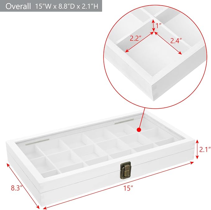 MOOCA Wooden Display Storage Case with Tempered Glass Lid for Jewelry and Beads with 18 Compartments Tray, 15 W x 8 3/8 L x 2 1/8 H in, Wash White Color - Image 2