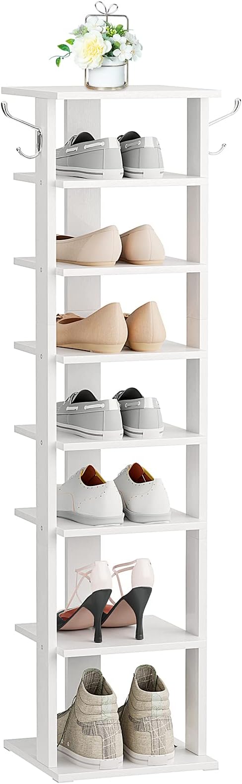 HOOBRO 8 Tiers Vertical Shoe Rack, Wooden Shoe Storage Organizer with Hooks, Narrow Shoe Tower for 8 Pairs, Space Saving, for Entryway, Living Room, Bedroom, White WT07XJ01G1 - Image 9