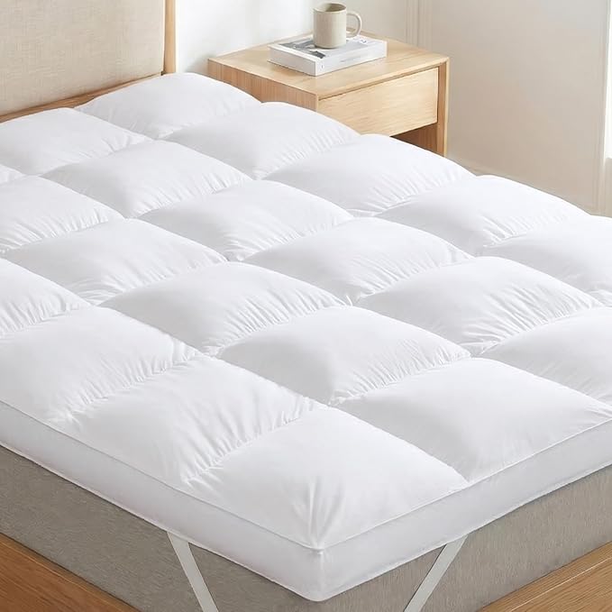 3 Inch Goose Feather Mattress Topper California King Size, Thick Featherbed with Adjustable Bands, Plush Soft Fluffy Baffled Pillowtop, 72”x84”