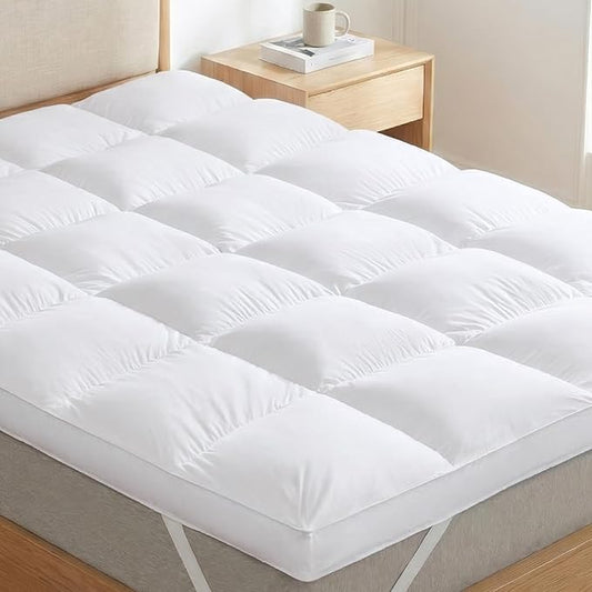 3 Inch Goose Feather Mattress Topper California King Size, Thick Featherbed with Adjustable Bands, Plush Soft Fluffy Baffled Pillowtop, 72”x84”