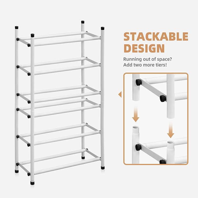 STORAGE MANIAC Expandable Shoe Rack, 12 Pairs Stackable Small Shoe Rack, Metal Adjustable Shoes Organizer for Closet, Entryway, Hallway, Garage, Front Door, Shoes Shelves, White 3 Tier - Image 4