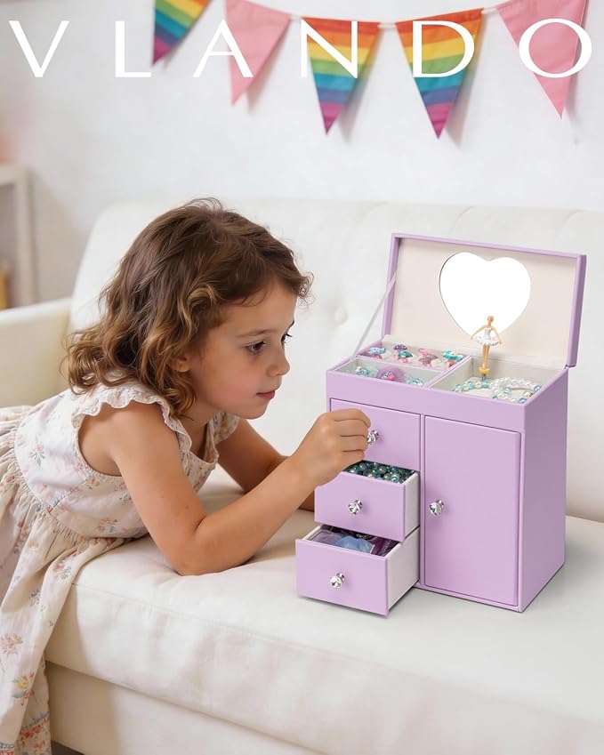 VLANDO Musical Jewelry Box for Girls, Large Kid Music Box with Ballerina for Birthday Bedroom Decor, 4 Layer Girl Jewelry Gifts for Girls Kids - Purple - Image 8