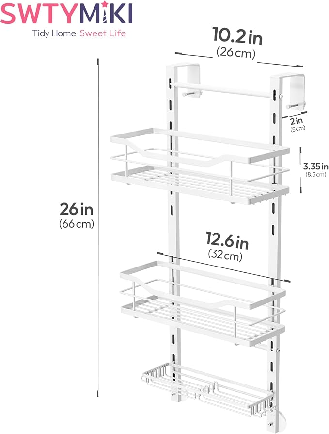 SWTYMIKI Over the Door Shower Caddy - 3 Tier Adjustable Shower Organizer Hanging with Soap Holder, No Drilling Stainless Steel Bathroom Hanging Caddy for Body Wash, Shampoo, Soap, Razor, White - Image 7