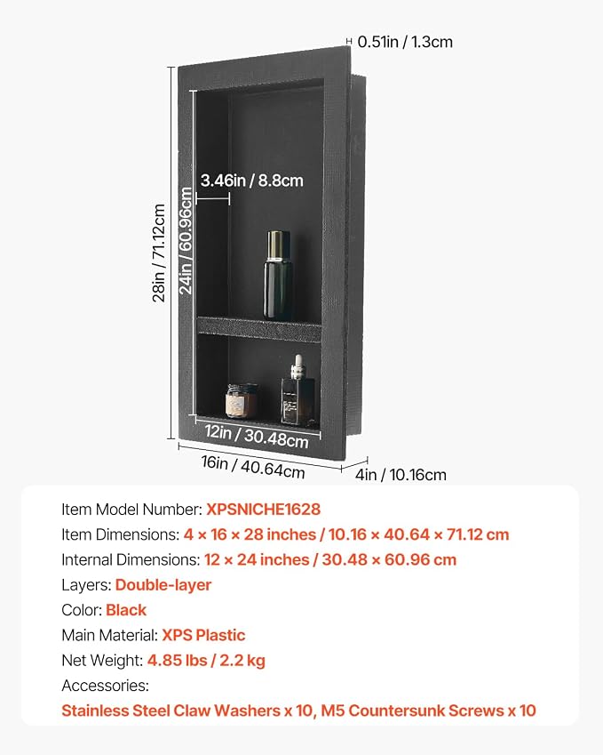 VEVOR Shower Niche, 16 x 28 x 4 inch Recessed Wall Niche with Movable Divider Shelf, Modern Soap & Shampoo Storage Organizer, Square Corners, Sealed Waterproof Design, Black for Bathroom Shower - Image 8