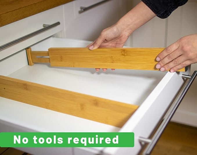 Adjustable Bamboo Drawer Dividers – SMALL SIZE, Expandable 12–16 inch – Spring Loaded Drawer Organizer for Kitchen, Dresser, Bathroom, Bedroom, Desk – 6-Pack - Image 6