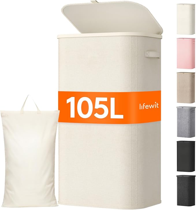 Lifewit 105L Large Laundry Basket with Lid, Laundry Hamper with Plastic Handles and Removable Bag, Foldable Tall Dirty Clothes Hampers for Laundry for Laundry Room, Bedroom, Bathroom, Dorm, White by Lifewit