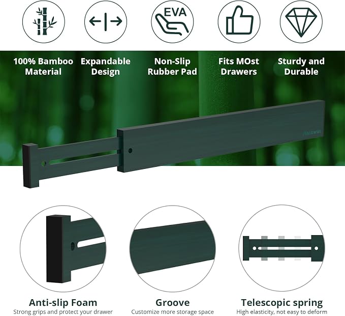 ANTOWIN Expandable Bamboo Drawer Dividers Organizers, Drawer Separators Splitter,17-22 inches Long Adjustable Spring-loaded Organizer for Large Utensil, Clothes, Tools(Dark Green) - Image 2