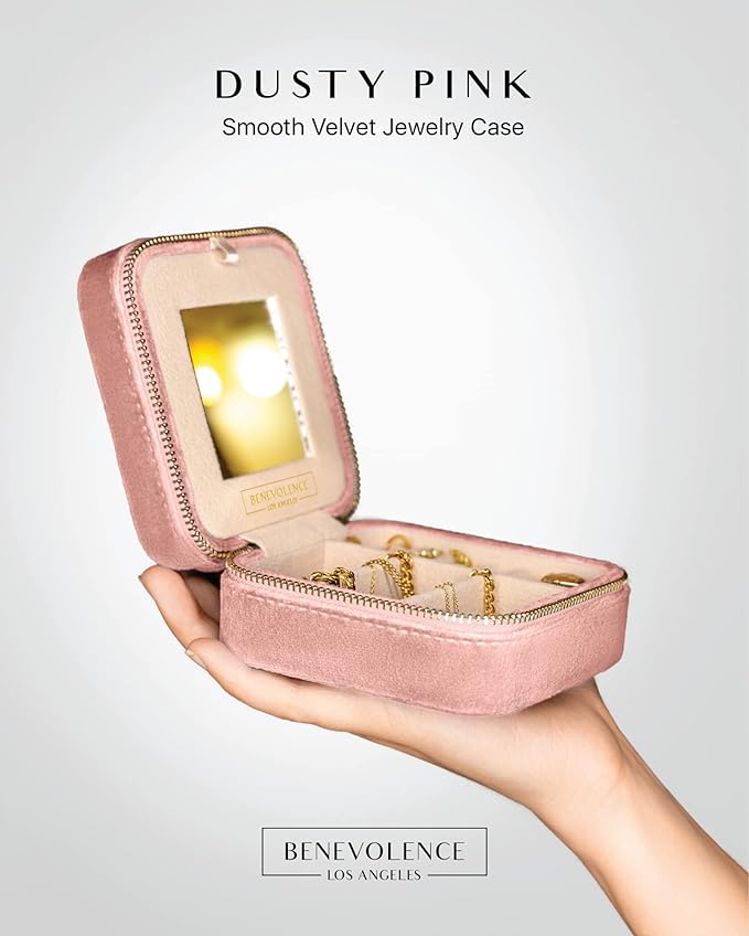 Benevolence LA Plush Velvet Jewelry Box | Travel Jewelry Case Organizer with Mirror | Featured in Oprah's Favorite Things | Best Gifts For Daughter, Girlfriend, Mom | Gifts For Her - Dusty Pink - Image 2
