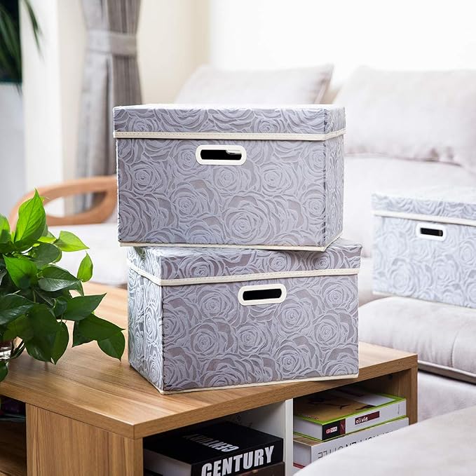 PRANDOM Collapsible Storage Boxes with Lids Fabric Decorative Storage Bins Cubes Organizer Containers Baskets with Cover Handles Divider for Bedroom Closet Living Room 14.9x9.8x9.8 Inch 1 Pack - Image 2