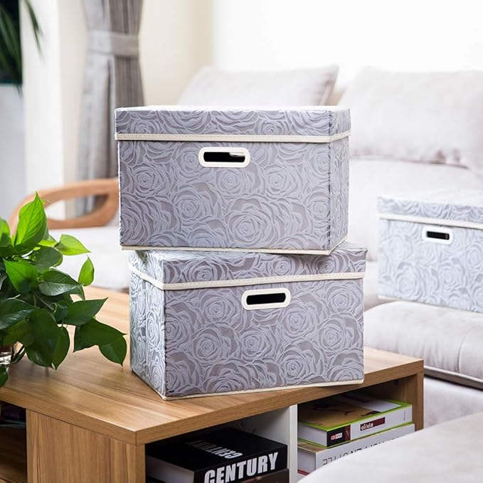 PRANDOM Collapsible Storage Cubes with Lids Fabric Decorative Storage Bins Boxes Organizer Containers Baskets with Cover Handles for Bedroom Closet Living Room 14.9x9.8x9.8 Inch 3 Pack - Image 2