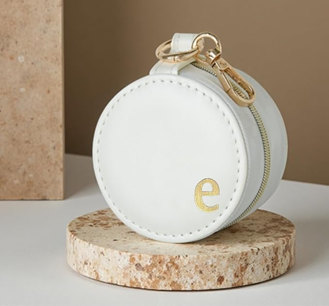 COLLECTIVE HOME - Monogrammed Letter Jewelry Case, Portable Travel Ring Holder Box with Keychain, Personalized Initial Organizer for Earrings Necklaces, Gift for Her (White-e) - Image 2