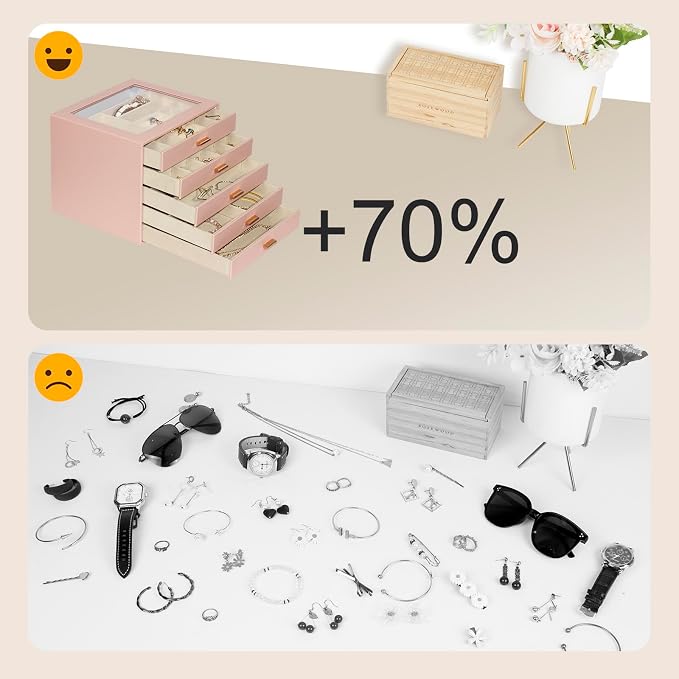 Jewelry Box with Glass Lid, 5-Layer Jewelry Organizer for Women Girls, PU Leather Display Case with 20-Grid Earring Tray & Movable Dividers for Necklaces Rings,Pink - Image 8