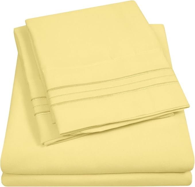 Twin Size Sheet Set with Built-in Sheet Straps - Deep Pocket Fitted Sheet, Flat Sheet & Pillowcases - Soft, Wrinkle-Free, Secure Fit - Pale Yellow