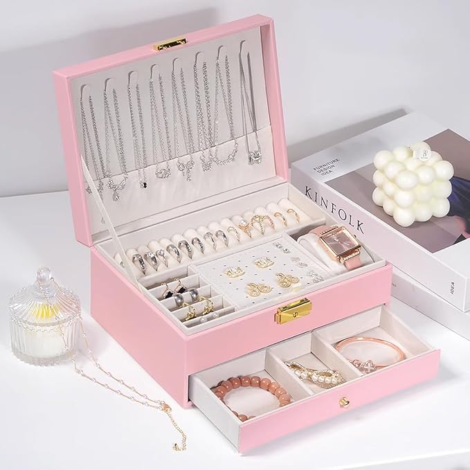 GUOER Jewelry Organizer Box for Women - Large PU Leather Jewelry Organizer Storage Case with Two Layers Display for Earrings Bracelets Rings Watches (Pink) - Image 5