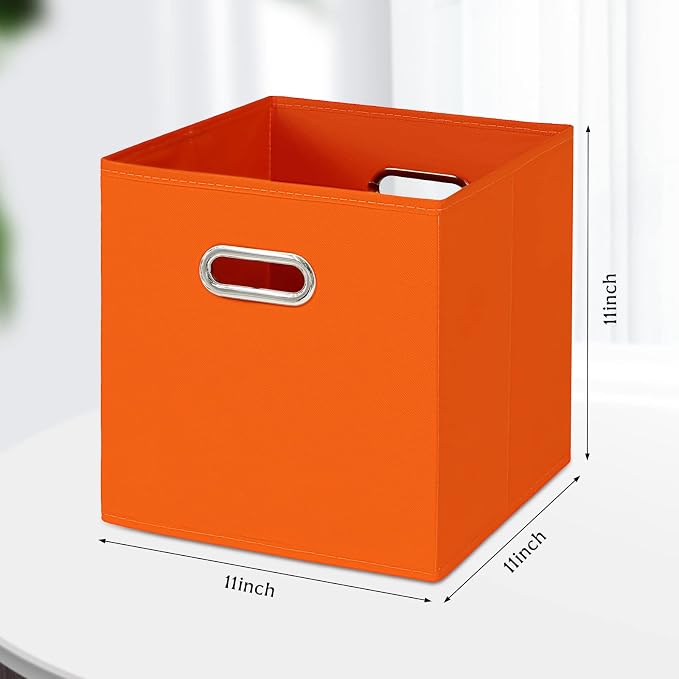 Black Fabric Cubby Storage Bins,13x13x13 Inches ,Cube Organizer Bin Foldable Storage Boxes with Dual Handles Fabric Organizer Box and collapsible Storage basket,Set of 3,Orange - Image 2