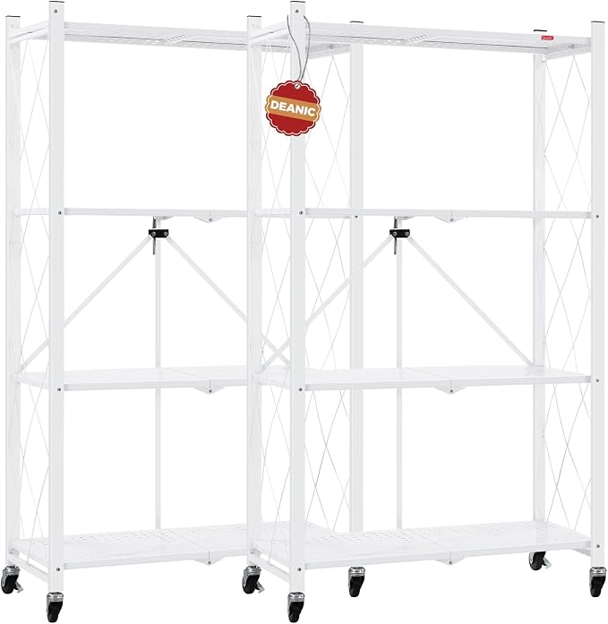 DEANIC 4 Tier Foldable Storage Shelves with Wheels, Large Capacity Shelving Unit, Freestanding Metal Wire Shelf Rack, No Assembly Organizer Rack for Garage Kitchen, Basement, Pantry(White Pack of 2) by ShowNow
