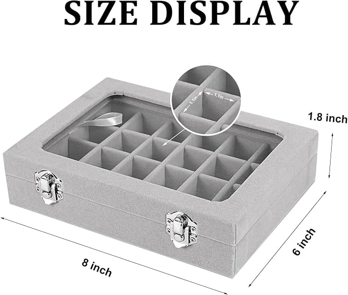 Velvet Jewelry Box 24 Grid Jewelry Earrings Display Organiser Box Ring Tray Holder Earrings Storage Case for Girls Women Wife Mom (Gray) - Image 2