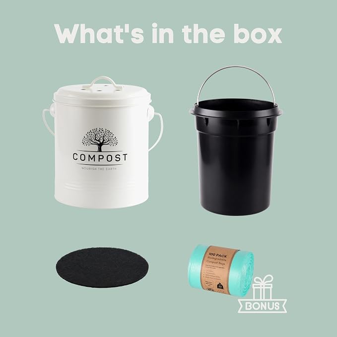 Perfnique Kitchen Compost Bin, 1.3 Gallon Countertop Compost Bin with Lid, Indoor Compost Bucket Includes Inner Bucket Liner and Carbon Filter, Small Compost Bin with Trash Bags (with Bags, Cream) - Image 6
