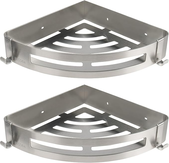 NearMoon Bathroom Shower Caddy 2 Pack, No Drill 304 Stainless Steel Shower Organizer with 2 Hooks (Corner Shelf, Brushed Nickel) by NearMoon