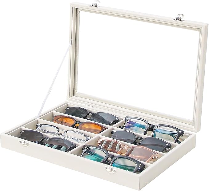Coward Sunglass Organizer Tray Box, Beige Velvet Grids Eyeglasses Display Tray Case with Transparent Glass Lid for Home Use or Store Shop Selling Show by FocusOnJewelryDisplay15yrs