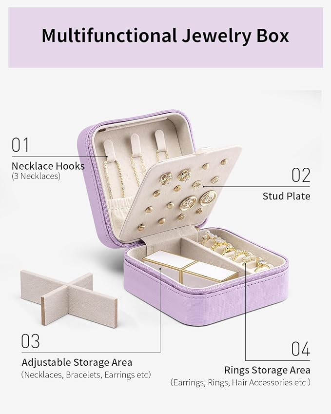 VLANDO Travel Jewelry Case, Small Travel Jewelry Organizer Box for Girls Women - Purple - Image 3