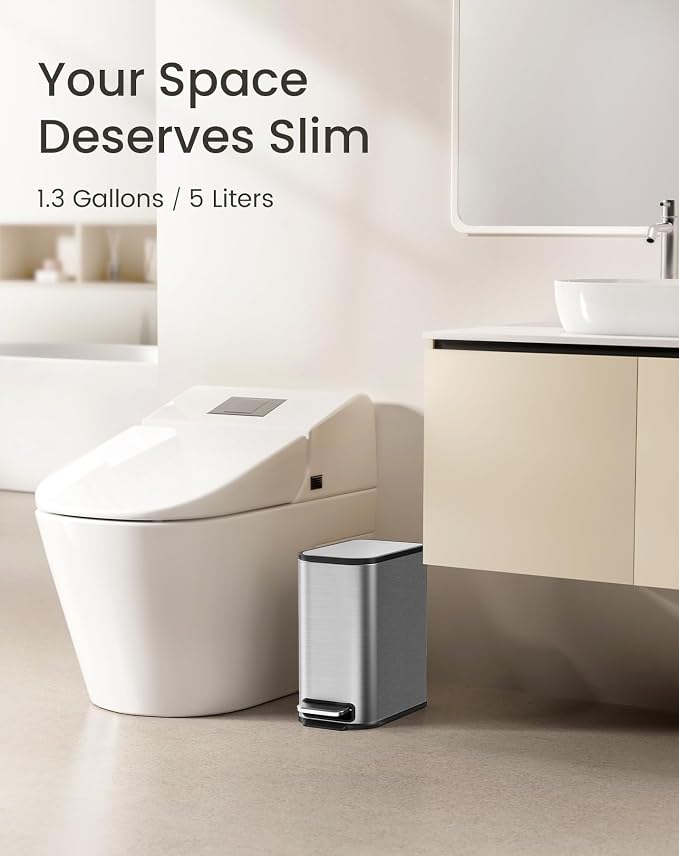 Cesun Small Bathroom Trash Can with Lid Soft Close, Step Pedal, 5 Liter / 1.3 Gallon Stainless Steel Garbage Can with Removable Inner Bucket, Waste Basket for Bathroom, Bedroom (Silver) - Image 2