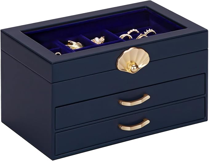 Enthralite Jewelry Box with 2 Drawers: Display Organizer for Earrings Necklaces - Gifts for Girls Women (Dark Blue) by Enthralite