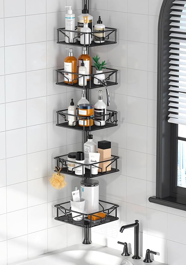 Skycarper 5 Tier Adjustable Corner Shower Caddy Organizer with Hooks,Rustproof Tension Pole 62-116 Inch, Black by Skycarper