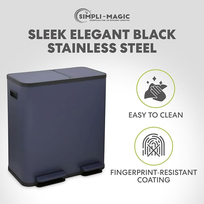 Simpli-Magic 70 Liter / 18.5 Gallon Rectangular Hands-Free Dual Compartment Recycling Kitchen Step Trash Can with Soft-Close Single Lid, Stainless Steel (40L x 30L Capacity), Blue - Image 8