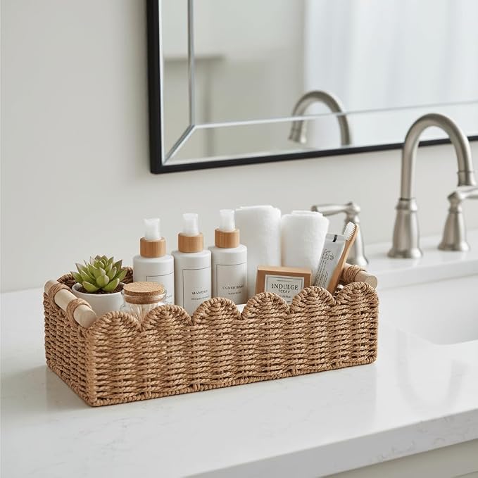 CubesLand Paper Rope Scalloped Edge Toilet Paper Storage Basket, Small Living Room, Bedroom Decor Baskets for Over Toilet Storage Shelf, End Table, Shelves and More, with 2 Wooden Handle, Neutral - Image 6