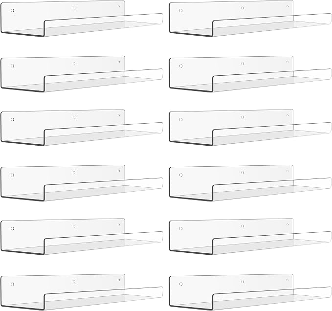 upsimples 12 Pack Acrylic Shelves Wall Organizer and Storage, 15" Display Shelf for Figure, Toy Cars, Perfume, Kids Bookshelf for Bedroom, Nursery, Craft Room, Clear by upsimples