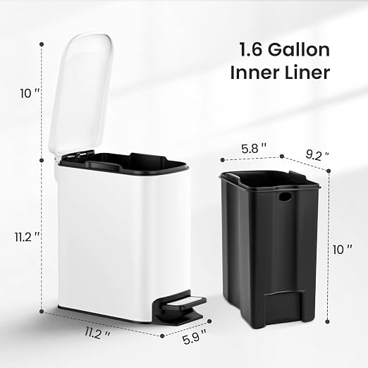 Cesun Small Bathroom Trash Can with Lid Soft Close, Step Pedal, 6 Liter / 1.6 Gallon Stainless Steel Slim Garbage Can for Bedroom, Diaper Waste Basket with Removable Inner Bucket (White) - Image 5