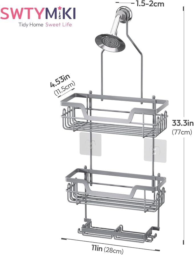 SWTYMIKI Bathroom Shower Caddy Hanging - 3 Tier Rustproof Over Shower Head Organizer, No Drilling Bathroom Shelf with 16 Hooks & Soap Holder, Anti-Swing Rack for Shampoo,Sponge,Towel, Silver, Large - Image 7