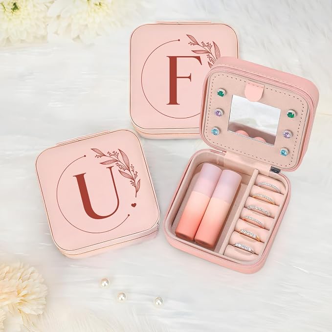 SANDJEST Personalized Jewelry Box, Pink Small Travel Jewelry Box with Initial U, Monogrammed Jewelry Case Organizer for Girls Women Teen, Mini Travel Essentials Gifts for Christmas Birthday - Image 7
