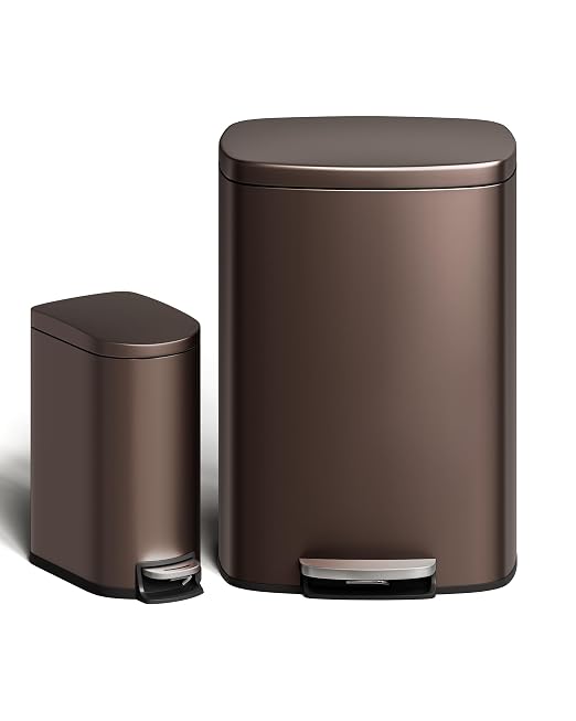 Garvee 13 gal (50 L) and 2.6 gal (10 L) Metal Trash Can Combo Set, Rustproof Garbage Can with Lid, Step-on Trash Bin with Inner Bucket, Rear Handle, Brown by Garvee