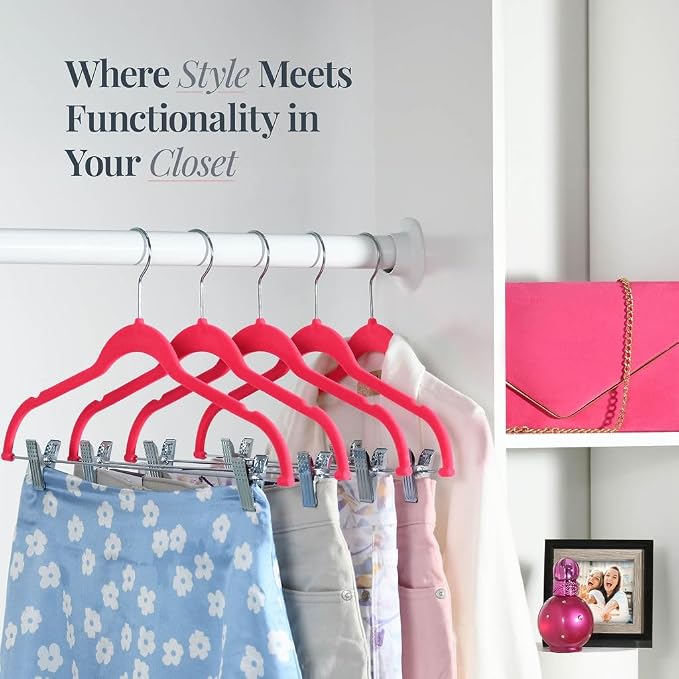 Home-it 10 Pack Clothes Hangers with Clips Pink Velvet Hangers use for Skirt Hangers Clothes Hanger Pants Hangers Ultra Thin No Slip - Image 2