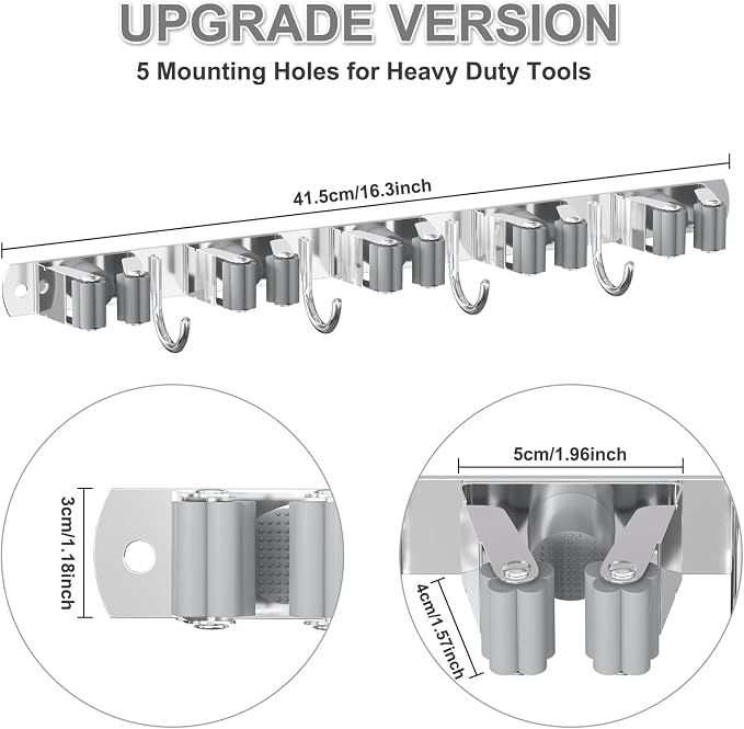 HANZENMA Broom Holder Wall Mount, Broom Organizer Wall Mount Stainless Steel Broom and Mop Hanger Heavy Duty Storage Organization for Home Kitchen Garden Garage Room 5 Racks 4 Hooks - Image 6