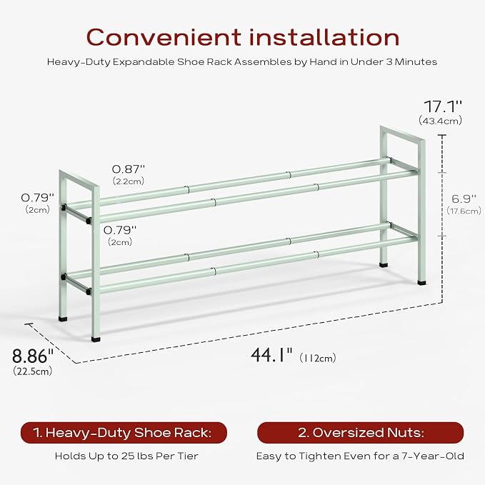 Bumusty 2-Tier Long Expandable Shoe Rack for Closet, 18"-44" Adjustable Shoe Rack for Entryway, 10-12 Pairs Large Shoe Organizer Shelf Storage, Sturdy Metal, Green - Image 3