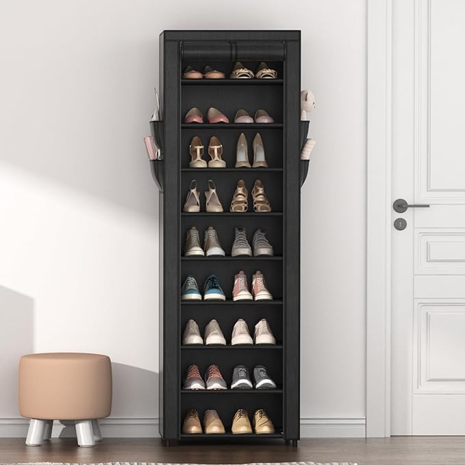 VILICK Shoe Rack with Cover Narrow Shoe Organizer with 4 Side Pockets 10 Tier Tall Shoe Storage Holds 18-22 Pairs Shoes and Boots Shoe Rack for Closet Entryway Garage - Image 2