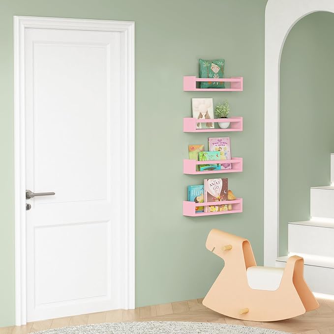 Forbena Pink Floating Shelves for Wall, Aesthetic Wall Bookshelf for Girls Room Decor, Wood Nursery Bookshelves for Toddler Kids Bedroom Book and Toy Storage Organizer (Set of 4, Pink) - Image 4
