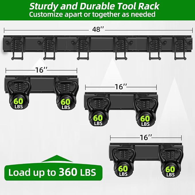 PIYILO Garage Tool Organizer Wall Mount with 48 inches Rails and 6 Double-layer Hooks, Garden Tool Rack Heavy Duty, Garage Hanging Storage Rack For Yard Tools, Shovel, Shed - Image 2