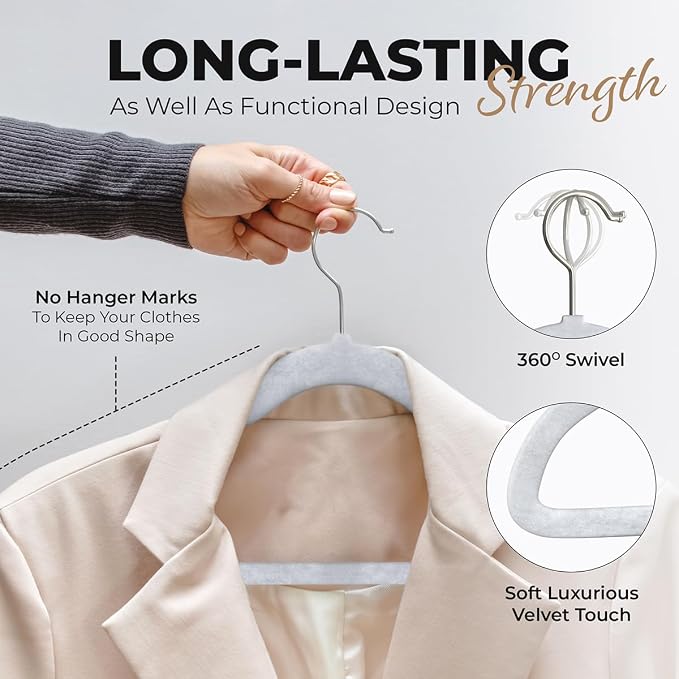 Our Modern Space 30 Pack Velvet Hanger for Shirt Pants Dresses Skirts Suits Jackets - Slim Space Saving Design - Standard Coat Hanger - Sturdy & Durable Design with Shoulder Grooves Hook - Image 4