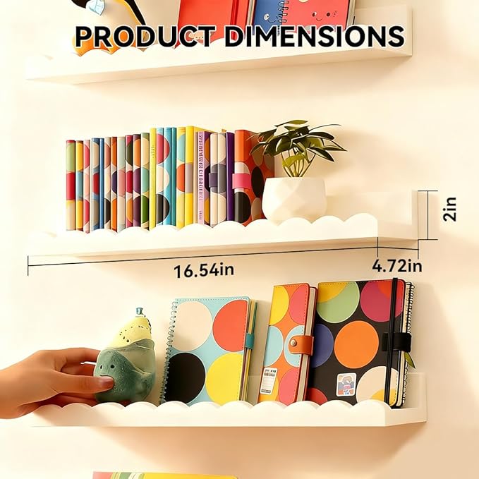 Nursery Book Shelves, Set of 4 Floating Book Shelves, Scalloped Wall Bookshelf for Bedroom, White Decor for Nursery, Baby, Toddler Room - Image 3