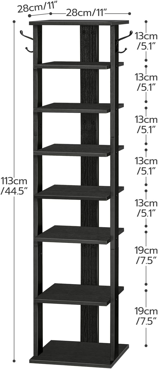 HOOBRO 8 Tiers Vertical Shoe Rack, Wooden Shoe Storage Organizer with Hooks, Narrow Shoe Tower for 8 Pairs, Space Saving, for Entryway, Living Room, Bedroom, Black BK07XJ01 - Image 3