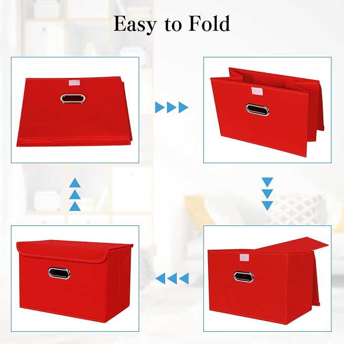STOREONE Fabric Storage Cube Bins Foldable Organizer Container Collapsible Basket with Lids and Metal Handles, for Home, Bedroom, Closet 8 Pcs (Red) - Image 6