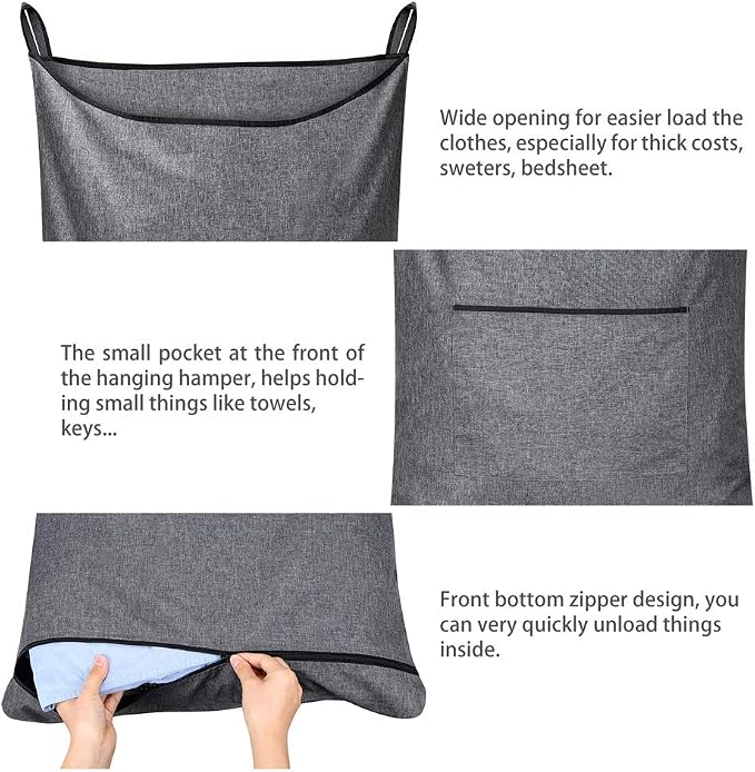 Hanging Laundry Hamper,Door Hanging Hamper with Width Opening, Over the Door Laundry bag with hooks, Laundry Collector and Over Door Storage Bag (36x22 Inch,Pop Grey) - Image 6